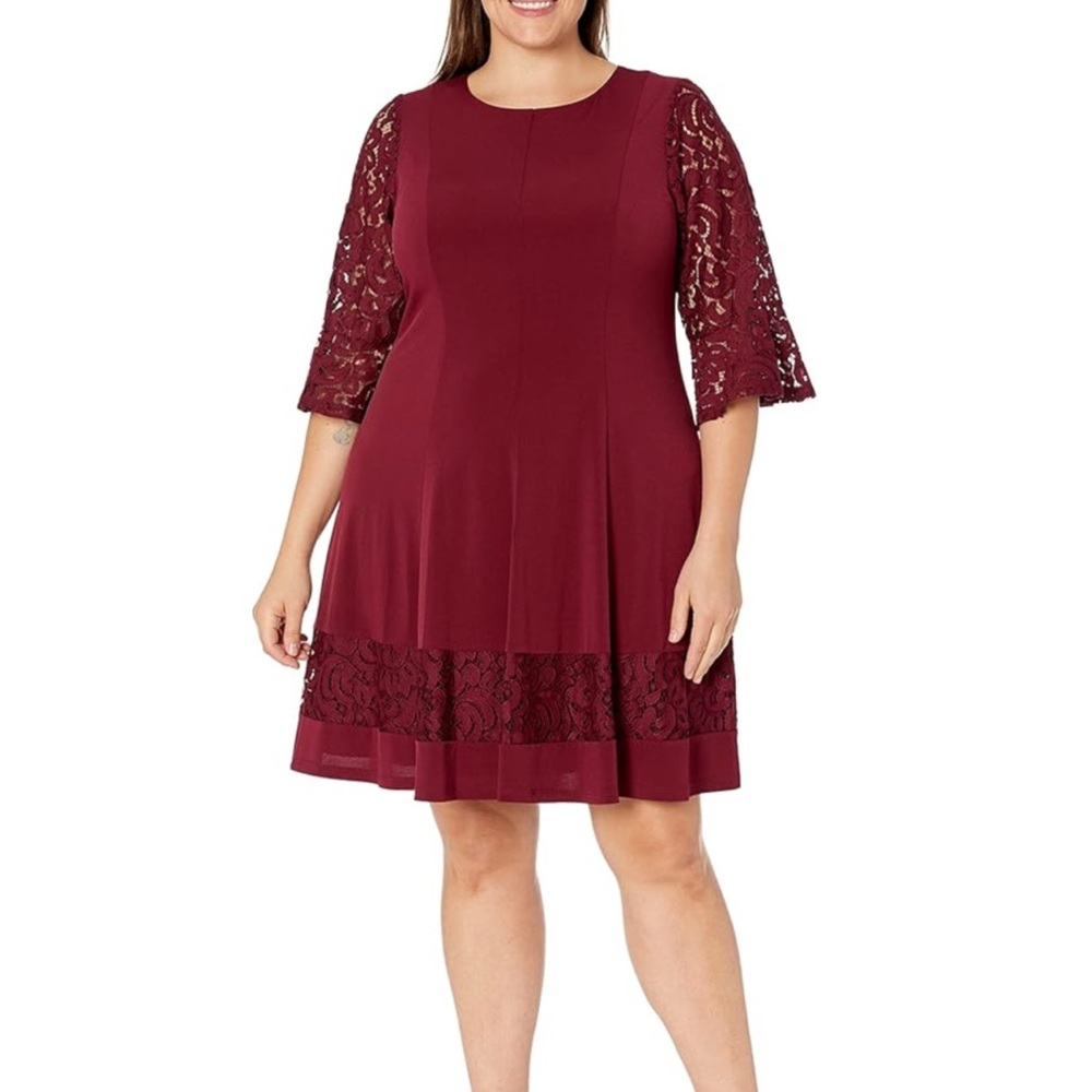 Jessica Howard Plus Size Women’s Wine Red Lace Accents Dress Size 14